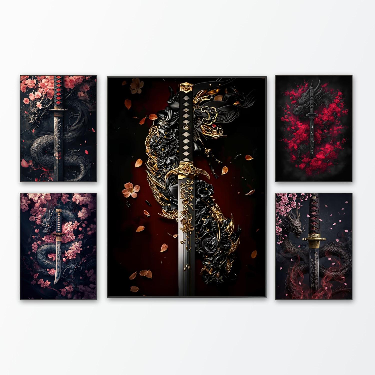 Japanese Lifestyle Gifts - Black Dragon and Samurai Sword Painting